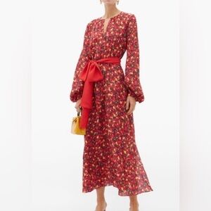 Saloni 100% Silk Red Yellow Floral Print Maxi Dress *No Sash*‎ US Size 2